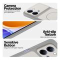 Grey-White phone case for Vivo Y05 4G showing camera safety edges, anti slip side grip and easy press button covers.
