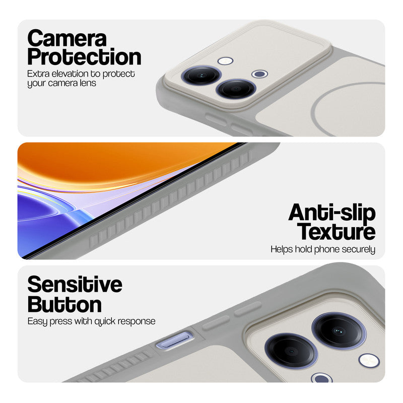 Grey-White phone case for Vivo Y05 4G showing camera safety edges, anti slip side grip and easy press button covers.