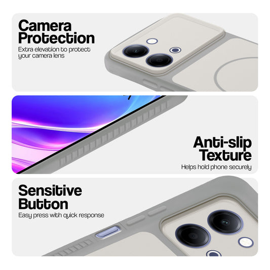 Grey-White phone case for Vivo Y11 5G showing camera safety edges, anti slip side grip and easy press button covers.
