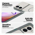 Grey-White phone case for Vivo Y16 showing camera safety edges, anti slip side grip and easy press button covers.