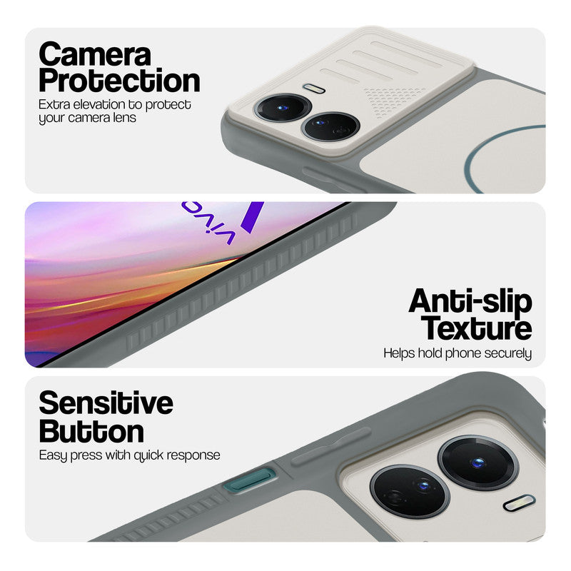 Grey-White phone case for Vivo Y16 showing camera safety edges, anti slip side grip and easy press button covers.