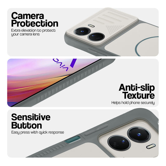 Grey-White phone case for Vivo Y16 showing camera safety edges, anti slip side grip and easy press button covers.