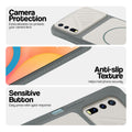 Grey-White phone case for Vivo Y20 showing camera safety edges, anti slip side grip and easy press button covers.