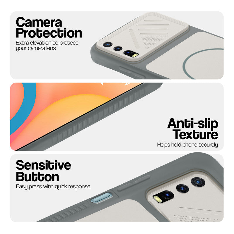 Grey-White phone case for Vivo Y20 showing camera safety edges, anti slip side grip and easy press button covers.