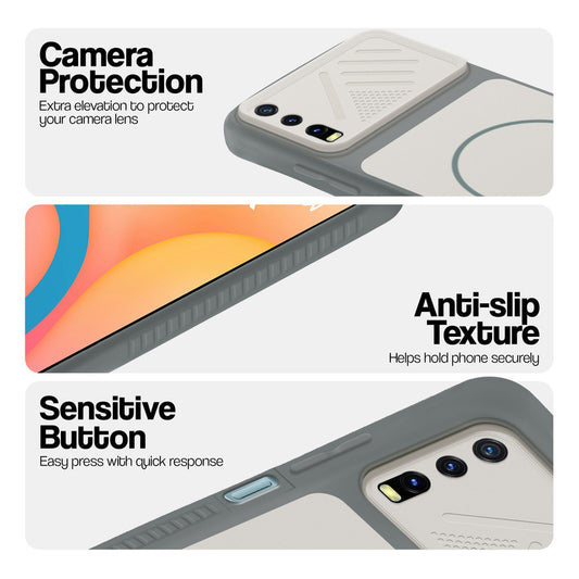 Grey-White phone case for Vivo Y20 showing camera safety edges, anti slip side grip and easy press button covers.