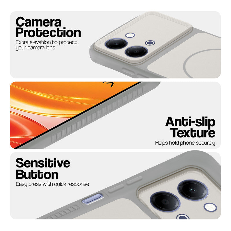 Grey-White phone case for Vivo Y21 5G showing camera safety edges, anti slip side grip and easy press button covers.