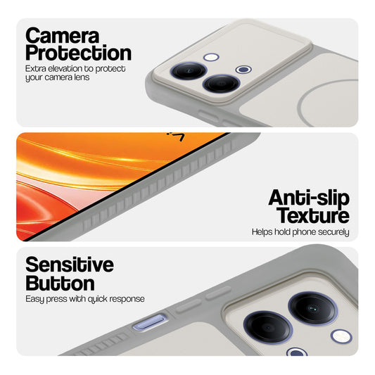 Grey-White phone case for Vivo Y21 5G showing camera safety edges, anti slip side grip and easy press button covers.