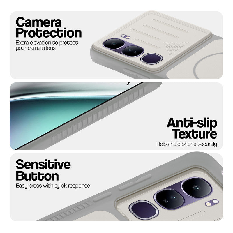 Grey-White phone case for Vivo Y300 5G showing camera safety edges, anti slip side grip and easy press button covers.