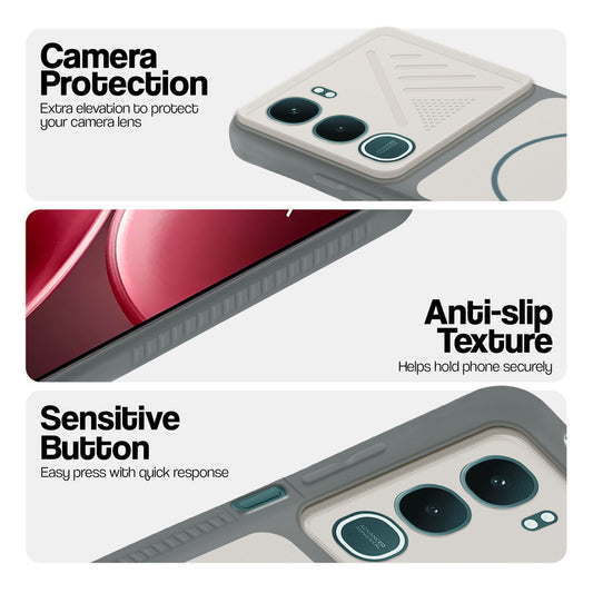 Grey-White phone case for Vivo Y31 Pro 5G showing camera safety edges, anti slip side grip and easy press button covers.
