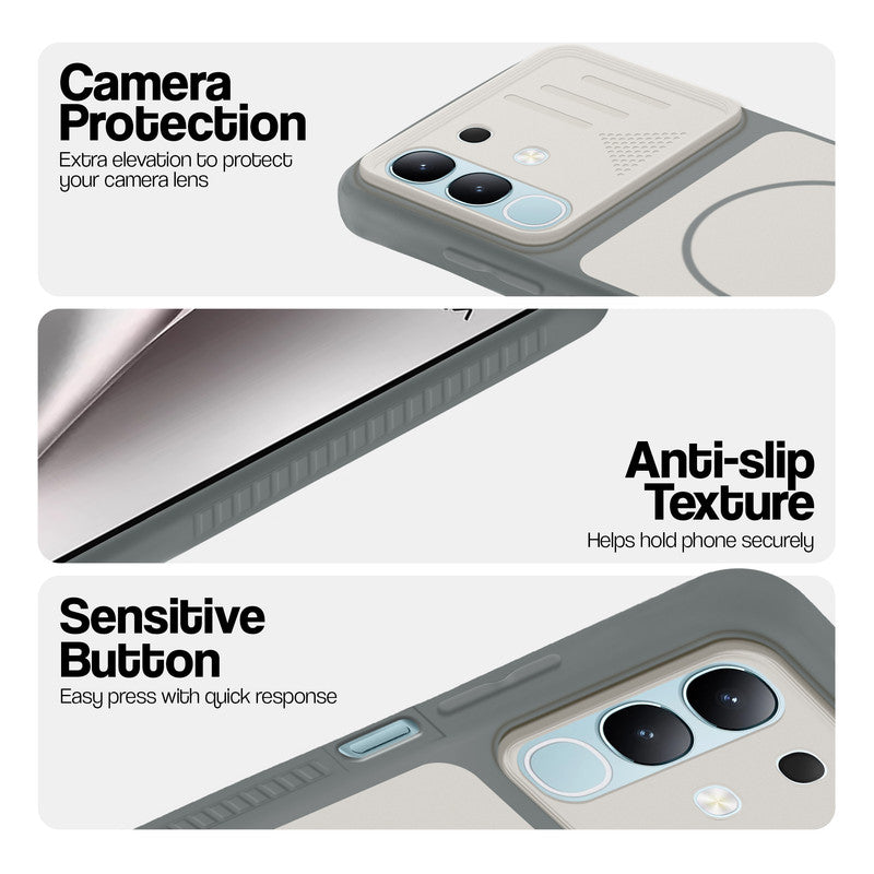 Grey-White phone case for Vivo Y31 5G showing camera safety edges, anti slip side grip and easy press button covers.