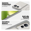 Grey-White phone case for Vivo Y400 5G showing camera safety edges, anti slip side grip and easy press button covers.