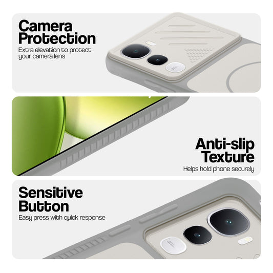 Grey-White phone case for Vivo Y400 5G showing camera safety edges, anti slip side grip and easy press button covers.