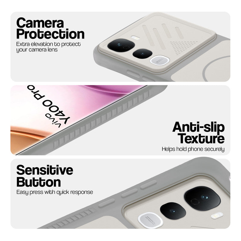 Grey-White phone case for Vivo Y400 Pro 5G showing camera safety edges, anti slip side grip and easy press button covers.