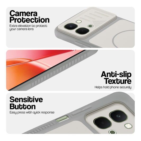 Grey-White phone case for Vivo Y51 Pro 5G showing camera safety edges, anti slip side grip and easy press button covers.