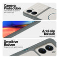 Grey-White phone case for Vivo Y56 5G showing camera safety edges, anti slip side grip and easy press button covers.