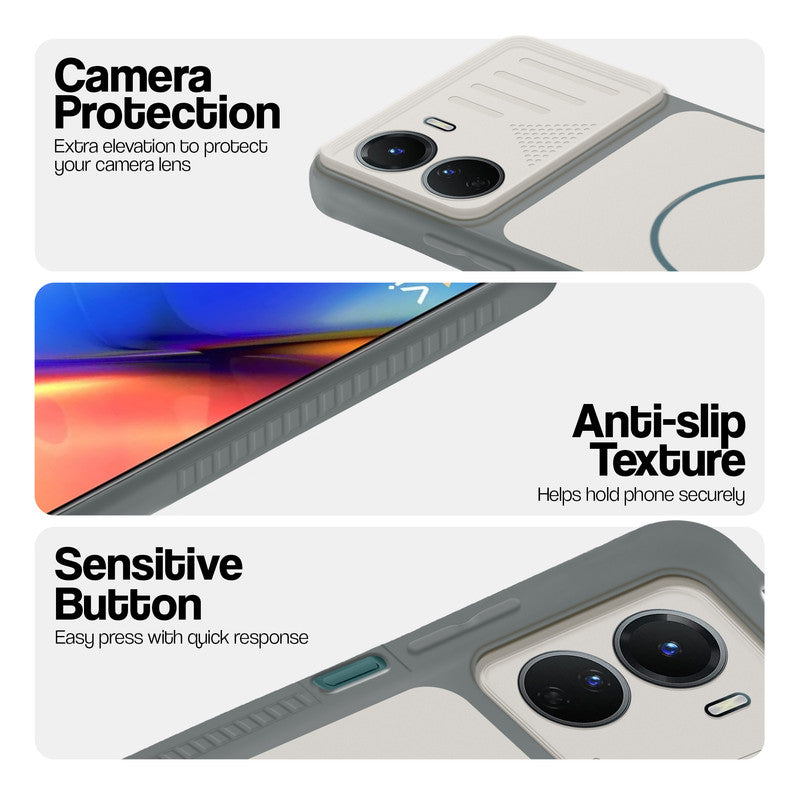 Grey-White phone case for Vivo Y56 5G showing camera safety edges, anti slip side grip and easy press button covers.