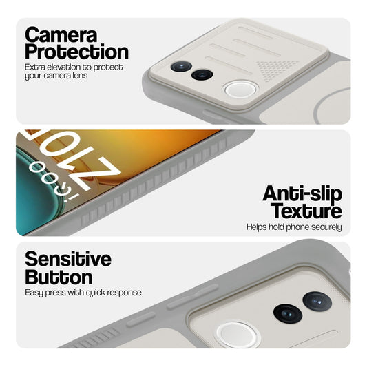 Grey-White phone case for iQOO Z10R 5G showing camera safety edges, anti slip side grip and easy press button covers.