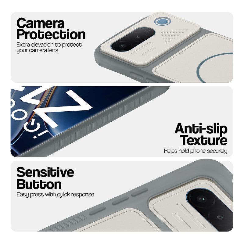 Grey-White phone case for iQOO Z11 5G showing camera safety edges, anti slip side grip and easy press button covers.