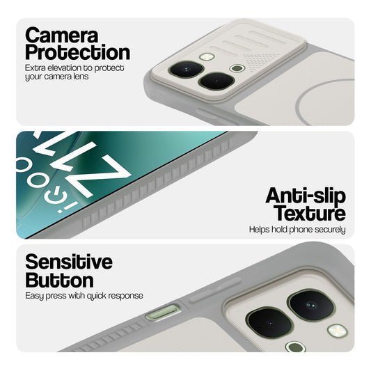 Grey-White phone case for iQOO Z11x 5G showing camera safety edges, anti slip side grip and easy press button covers.