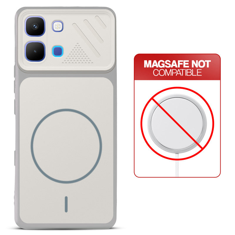 Grey-White back cover for Infinix Note Edge with printed ring pattern and message showing not compatible with MagSafe charging.