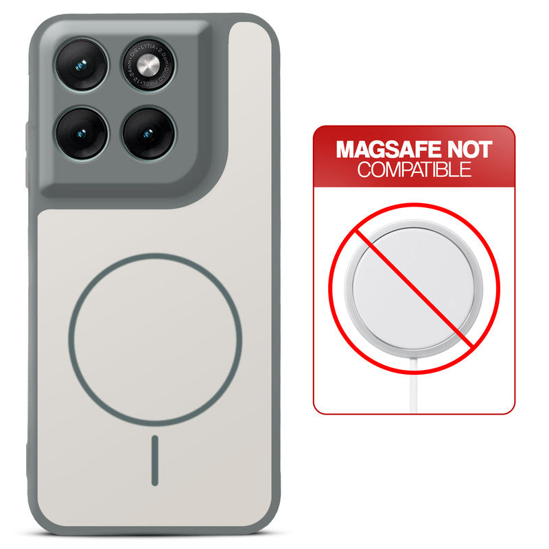 Grey-White back cover for Motorola G37 5G with printed ring pattern and message showing not compatible with MagSafe charging.