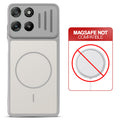 Grey-White back cover for Motorola G57 Power 5G with printed ring pattern and message showing not compatible with MagSafe charging.