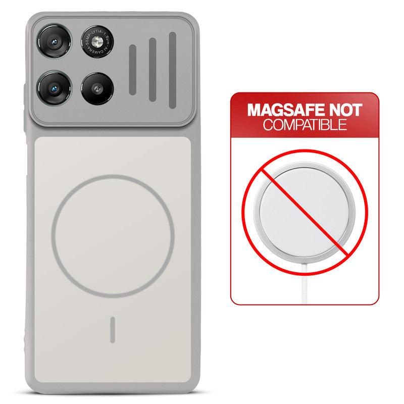 Grey-White back cover for Motorola G57 Power 5G with printed ring pattern and message showing not compatible with MagSafe charging.