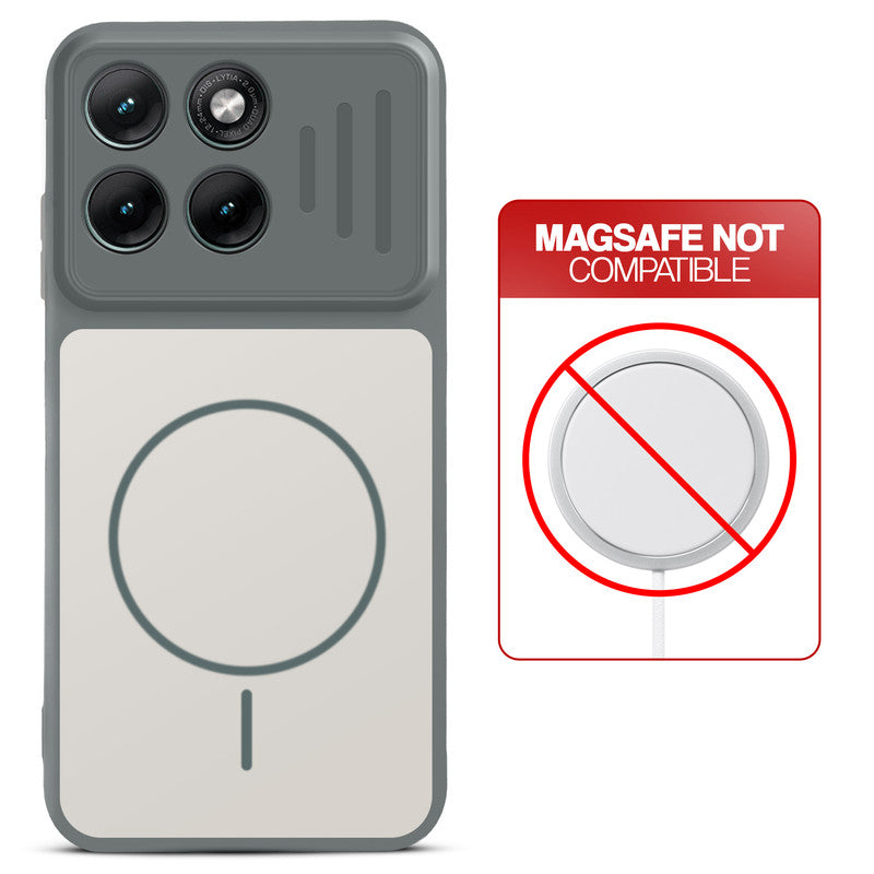 Grey-White back cover for Motorola G77 Power 5G with printed ring pattern and message showing not compatible with MagSafe charging.