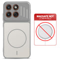 Grey-White back cover for Motorola Moto Edge 70 5G with printed ring pattern and message showing not compatible with MagSafe charging.