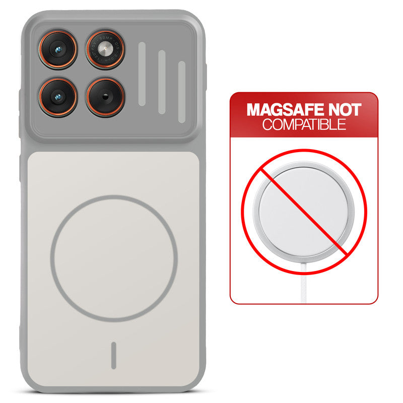 Grey-White back cover for Motorola Moto Edge 70 5G with printed ring pattern and message showing not compatible with MagSafe charging.