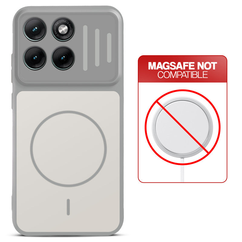 Grey-White back cover for Motorola Moto Edge 70 Fusion 5G with printed ring pattern and message showing not compatible with MagSafe charging.