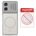 Grey-White back cover for Motorola Moto G85 5G with printed ring pattern and message showing not compatible with MagSafe charging.