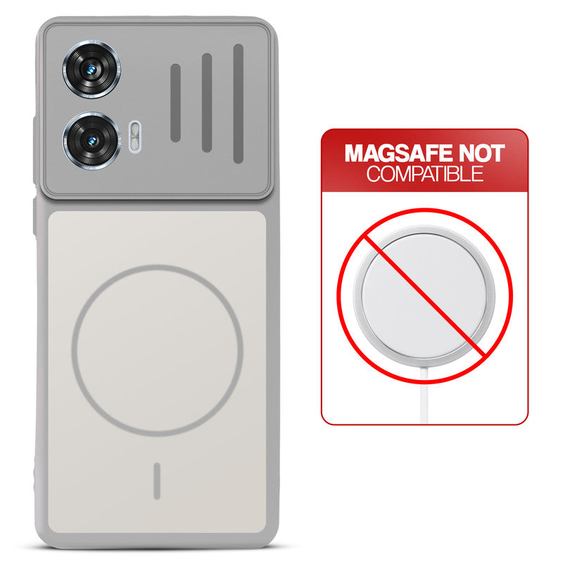 Grey-White back cover for Motorola Moto G85 5G with printed ring pattern and message showing not compatible with MagSafe charging.