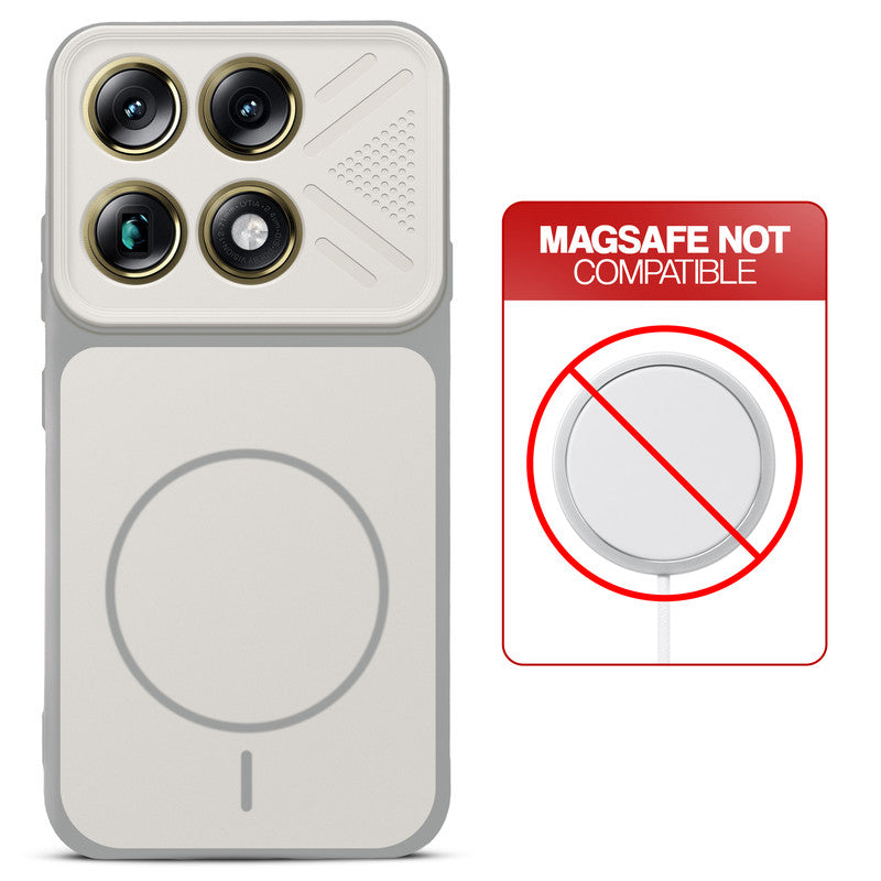 Grey-White back cover for Motorola Signature with printed ring pattern and message showing not compatible with MagSafe charging.