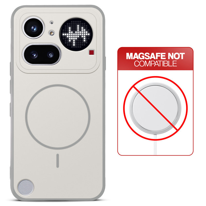 Grey-White back cover for Nothing Phone 4A Pro 5G with printed ring pattern and message showing not compatible with MagSafe charging.