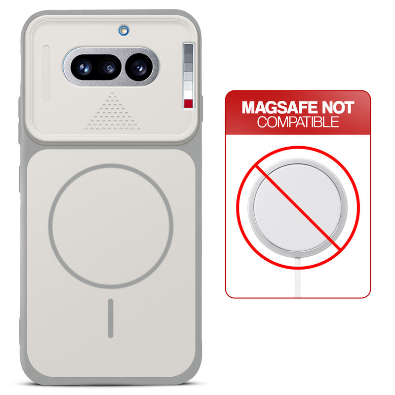 Grey-White back cover for Nothing Phone 4A 5G with printed ring pattern and message showing not compatible with MagSafe charging.