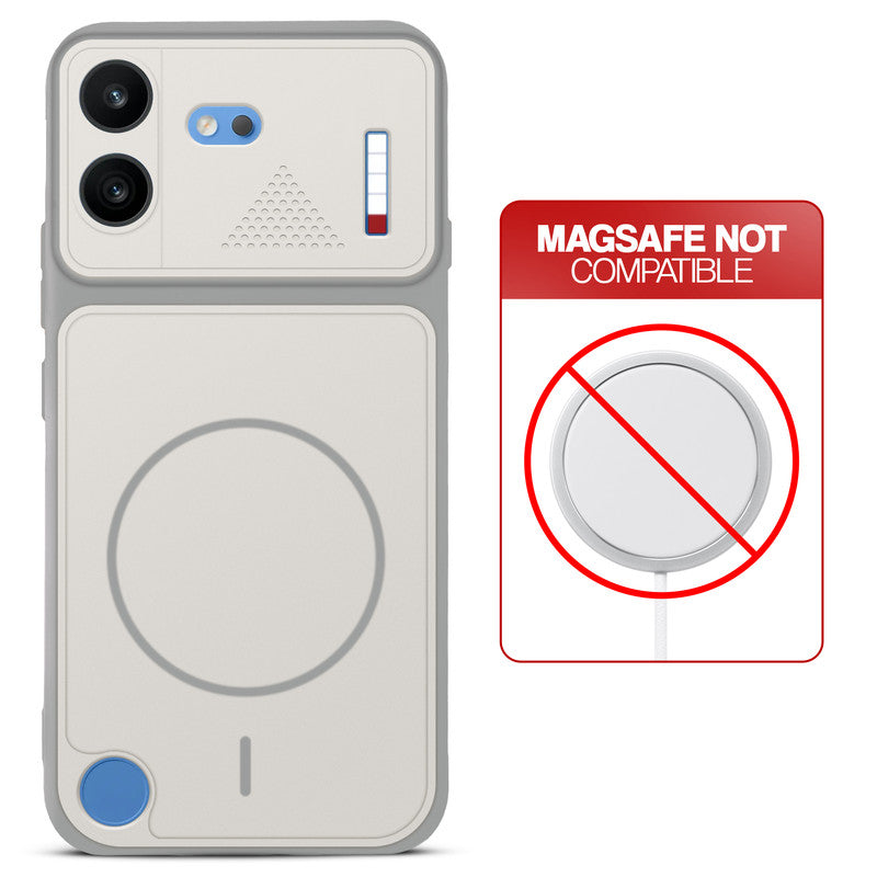 Grey-White back cover for Nothing Phone 4B 5G with printed ring pattern and message showing not compatible with MagSafe charging.