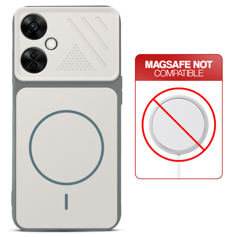 Grey-White back cover for OnePlus Nord CE 3 Lite 5G with printed ring pattern and message showing not compatible with MagSafe charging.