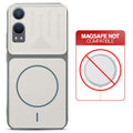 Grey-White back cover for OnePlus Nord CE 4 Lite 5G with printed ring pattern and message showing not compatible with MagSafe charging.