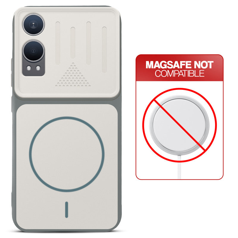 Grey-White back cover for OnePlus Nord CE 4 Lite 5G with printed ring pattern and message showing not compatible with MagSafe charging.