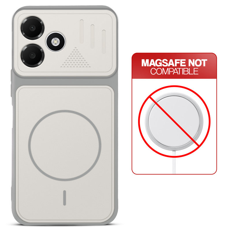 Grey-White back cover for Oppo A6C 4G with printed ring pattern and message showing not compatible with MagSafe charging.