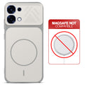 Grey-White back cover for Oppo F31 5G with printed ring pattern and message showing not compatible with MagSafe charging.
