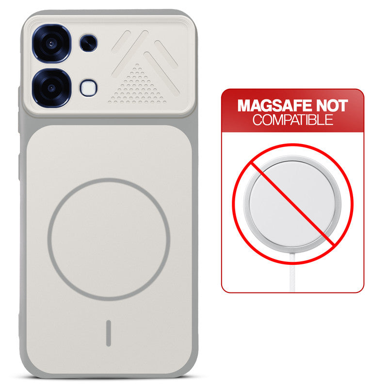 Grey-White back cover for Oppo F31 5G with printed ring pattern and message showing not compatible with MagSafe charging.