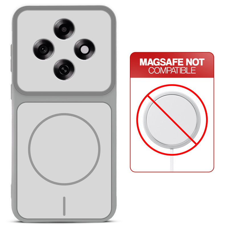 Grey-White back cover for Oppo F31 Pro 5G with printed ring pattern and message showing not compatible with MagSafe charging.