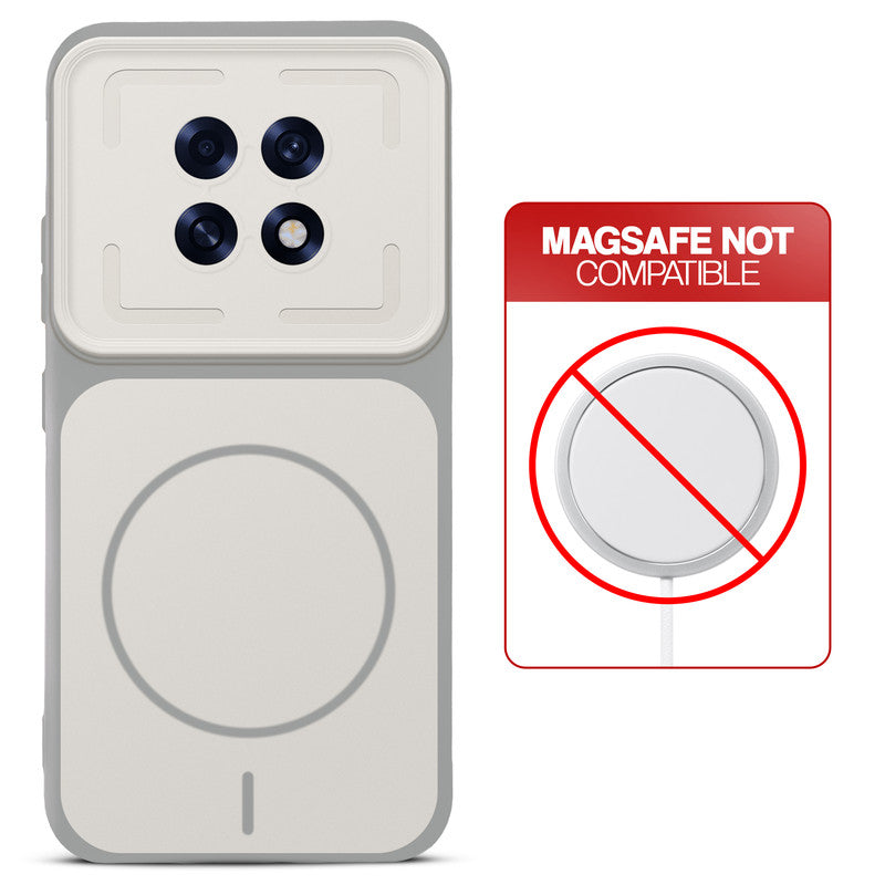 Grey-White back cover for Oppo F31 Pro Plus 5G with printed ring pattern and message showing not compatible with MagSafe charging.