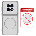 Grey-White back cover for Oppo F31 Pro Plus 5G with printed ring pattern and message showing not compatible with MagSafe charging.