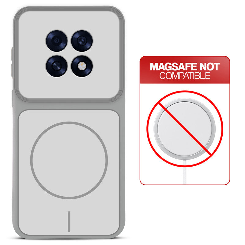 Grey-White back cover for Oppo F31 Pro Plus 5G with printed ring pattern and message showing not compatible with MagSafe charging.