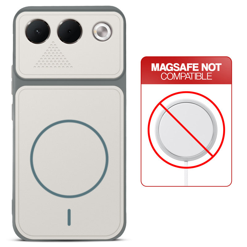 Grey-White back cover for Oppo F35 5G with printed ring pattern and message showing not compatible with MagSafe charging.