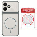 Grey-White back cover for OPPO K14 Lite 5G with printed ring pattern and message showing not compatible with MagSafe charging.