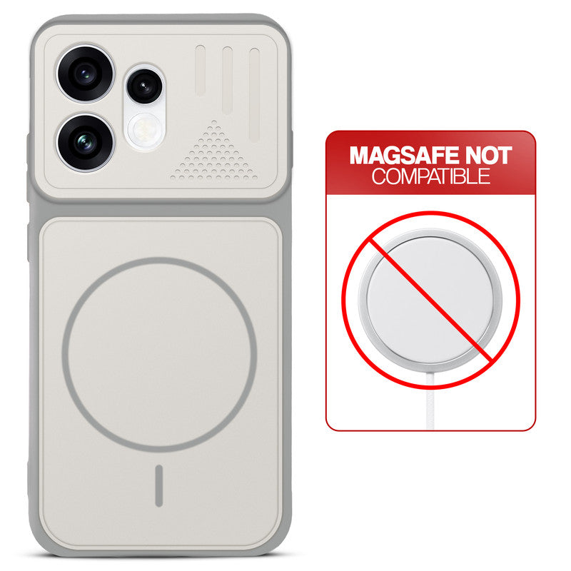 Grey-White back cover for Oppo Reno 16 5G with printed ring pattern and message showing not compatible with MagSafe charging.